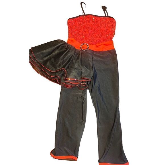 Revolution dance wear jazz tap medium adult red black sequins tulle outfit - Picture 1 of 5